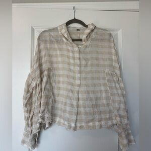 Free People Striped Hooded Flowy Button Down Shirt Sz Small Raw Hem‎ Neutral